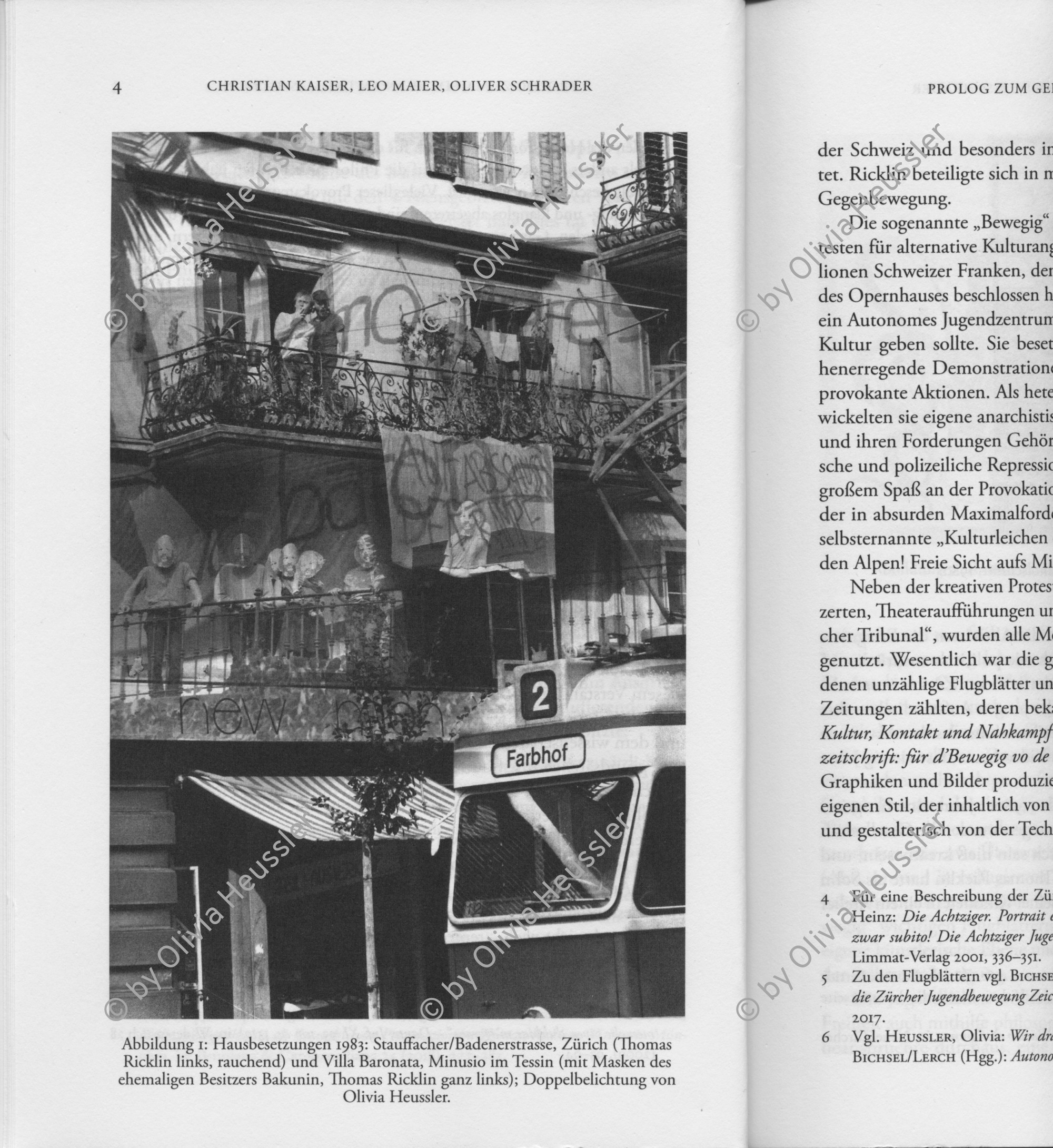 Image of sheet 19830190 photo 2: Besetzung. Wohnen Wohnungsnot Doubleexposure Doppelbelichtung Print Zürich 
Unten Besetzung Villa Bakunin mit Thomas Rickliln (links) unter Bakunin Maske √
Mirage Tram Strassenbahn Züritram Zweier 2er farbhof
Exhibition: Photobastei 2.0 Zürich 2020